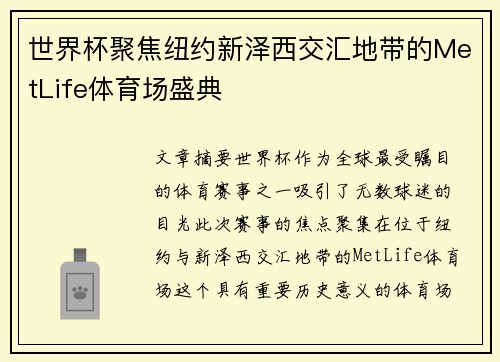 世界杯聚焦纽约新泽西交汇地带的MetLife体育场盛典